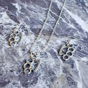 Punk rockabilly brass knuckle necklace and earring set